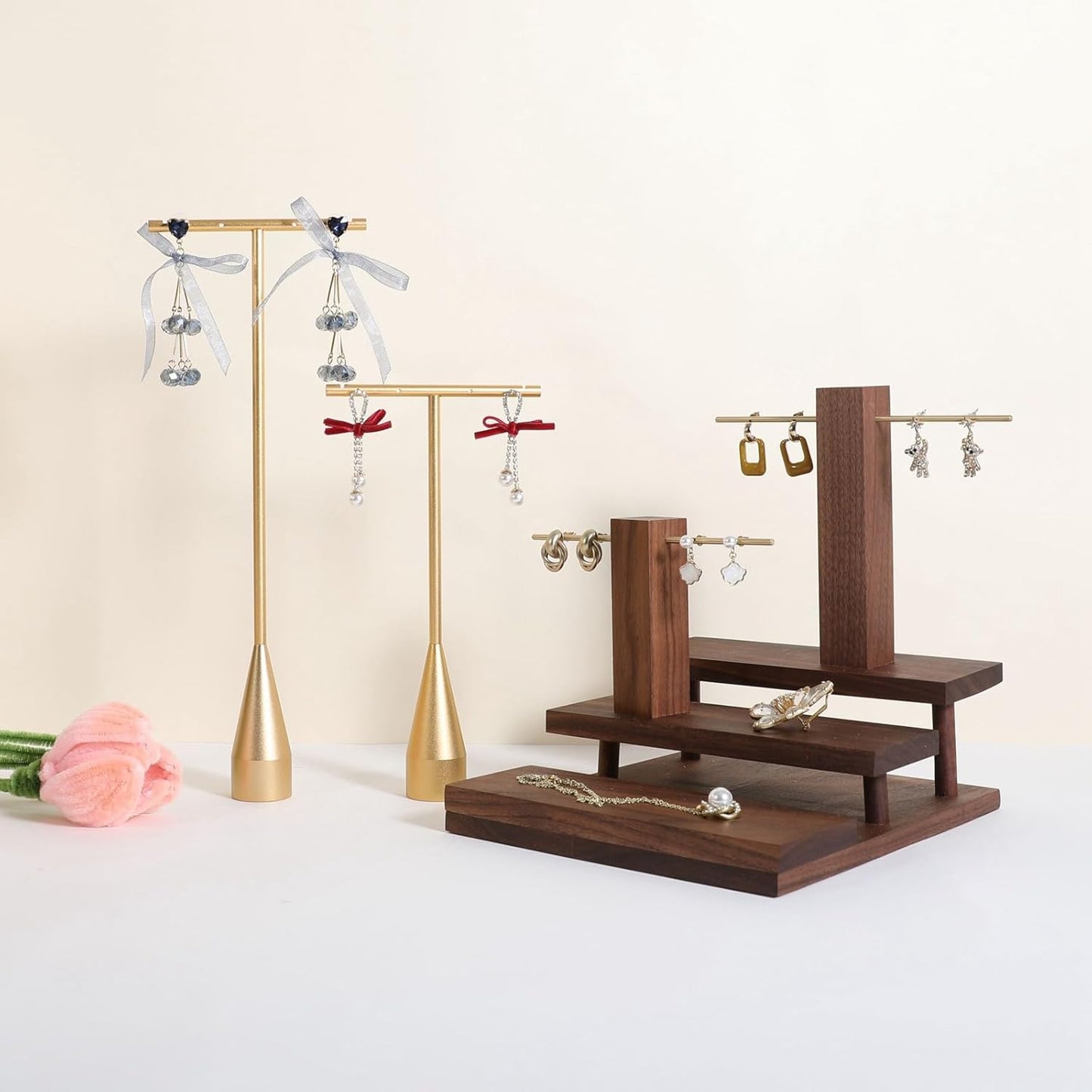 GemeShou 2pcs Gold earring display T bar stand, Big jewelry earring holders for Boutique Store, Jewelry holders high enough for long earring necklace【Gold-2pcs Height 7.9"and 11"-long horizontal bar】