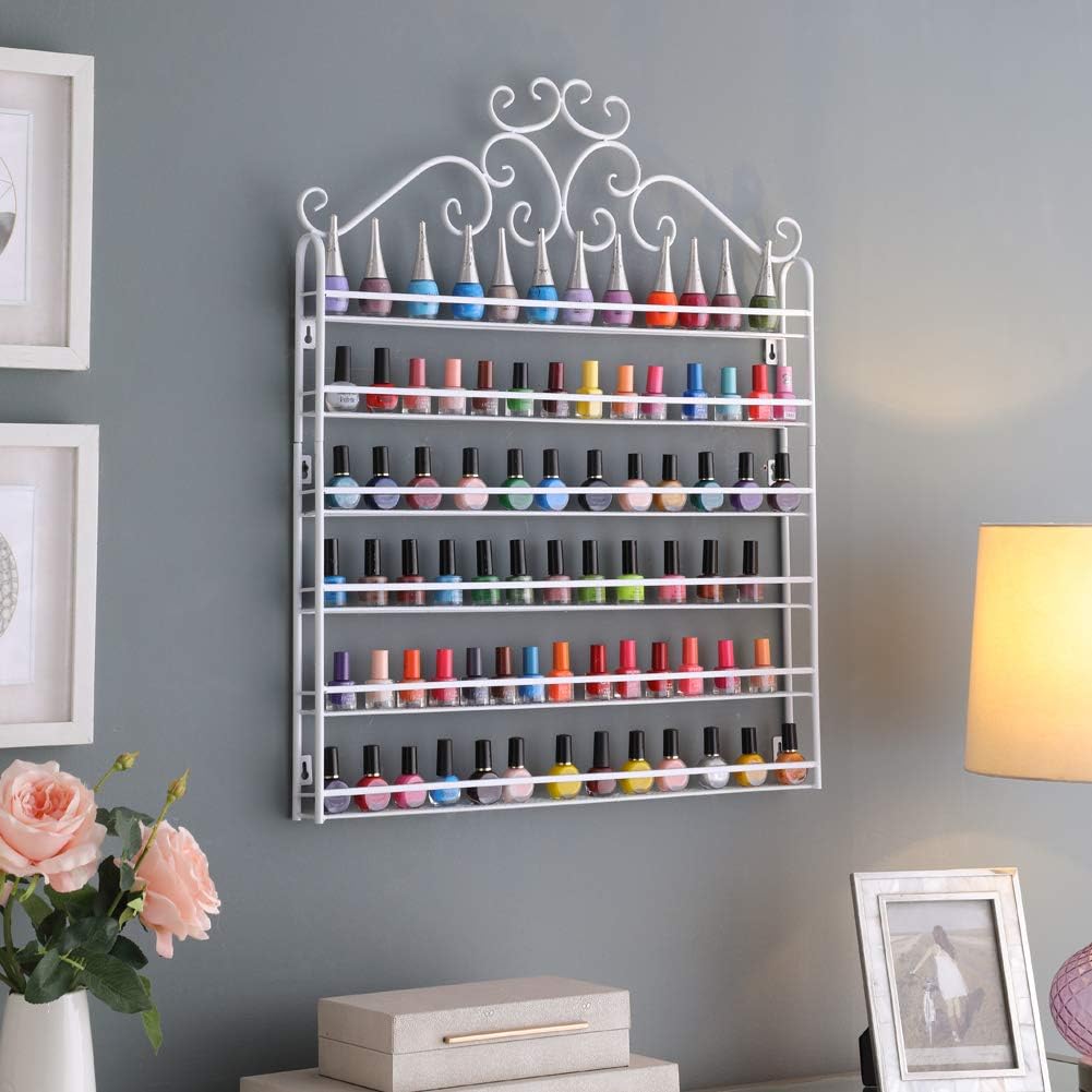DAZONE Nail Polish Holder - 6 Tier Metal Rack, Wall Mount Organizer Holds 120 Bottles, White Shelf