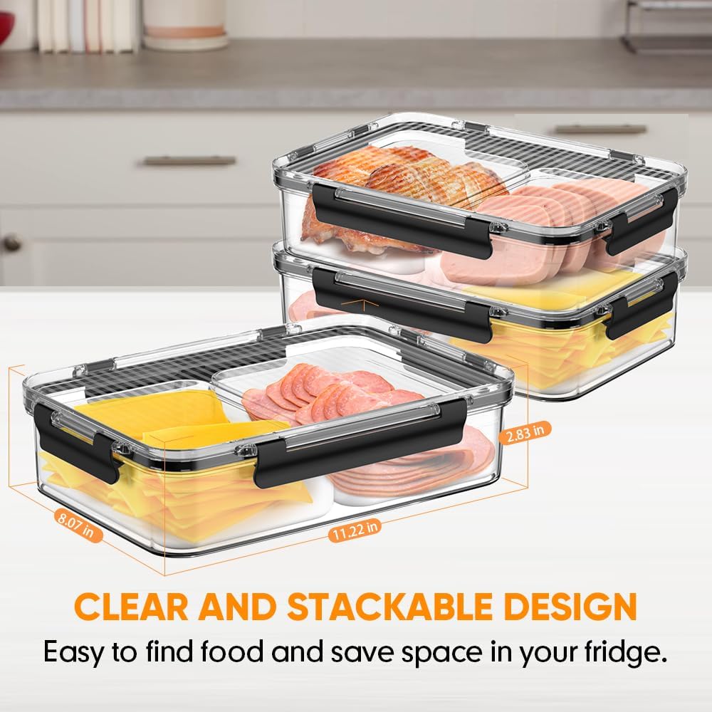 Deli Meat Container for Fridge Organizers and Storage, Ham and Cheese Container for Fridge, 11 Inches Long Lunch Meat Containers for Refrigerator, 2 Compartment Snack Containers with Clear Lid