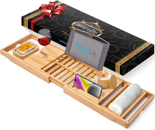 SereneLife Bamboo Bathtub Caddy with Luxury Gift Box and Red Gifting Ribbon Extendable & Adjustable Tray with Device/Book Holder with Removable Trays for Bath Accessories (Natural Color)