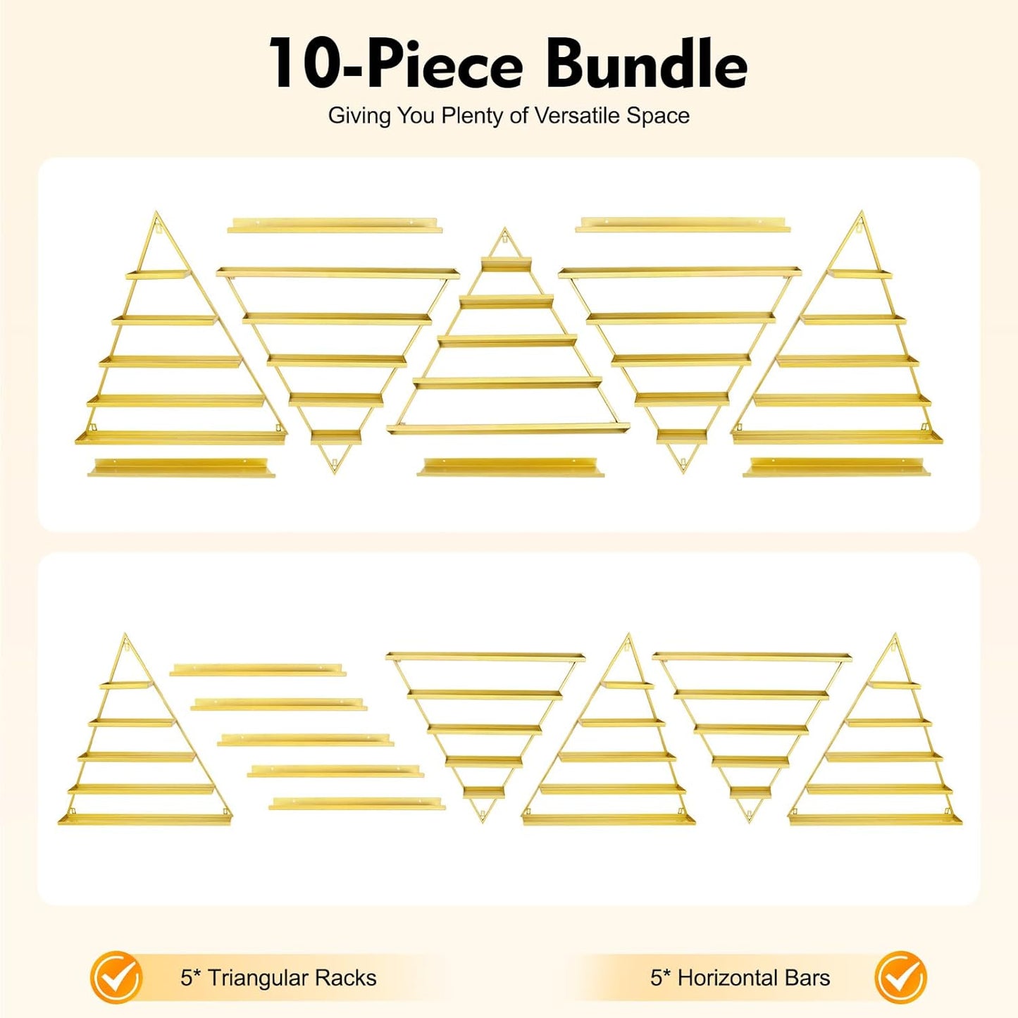10PCS Gold Triangular Nail Polish Racks, 5 Tiers Wall-Mounted Nail Polish Racks Cosmetic Display Rack Essential Oil Organizers Lipstick Perfume Wall Shelf for Home Spa Nail Salon Shop
