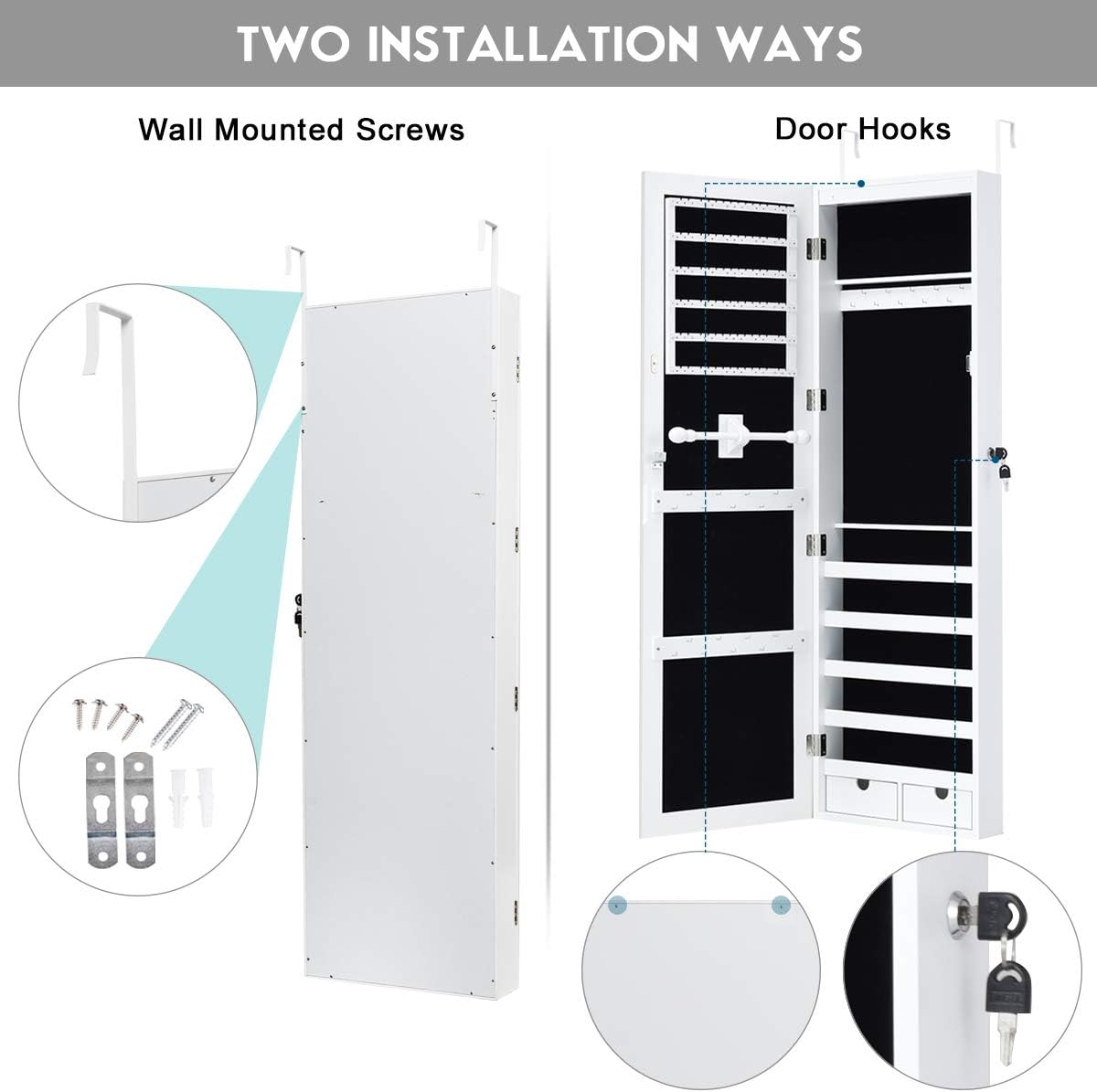 Giantex Jewelry Armoire Cabinet Wall Mounted Door Hanging, Lockable Jewelry Cabinet with Full Length Mirror, 15 LED Lights, Large Storage Jewelry Box Organizers with 2 Drawers (14.5"W x 4"D x 47.5"H)