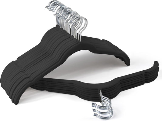 Premium Velvet Hangers 30 Pack - Space-Saving Closet Organizer for Clothes, Non-Slip Flocked Design, Ideal for Shirts and Coats (Black)