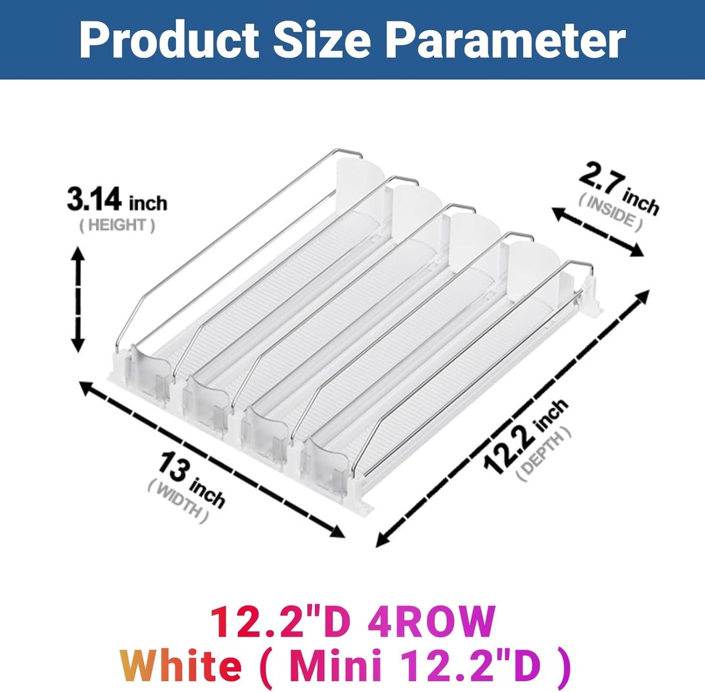 Drink Organizer for Mini Fridge,12oz 16oz 20oz - Soda Can Dispenser for Refrigerator,Width Adjustable,Automatic Pusher Glide (White (Mini 12.2"D), 12.2"D 4ROW, Holds 16 Cans)
