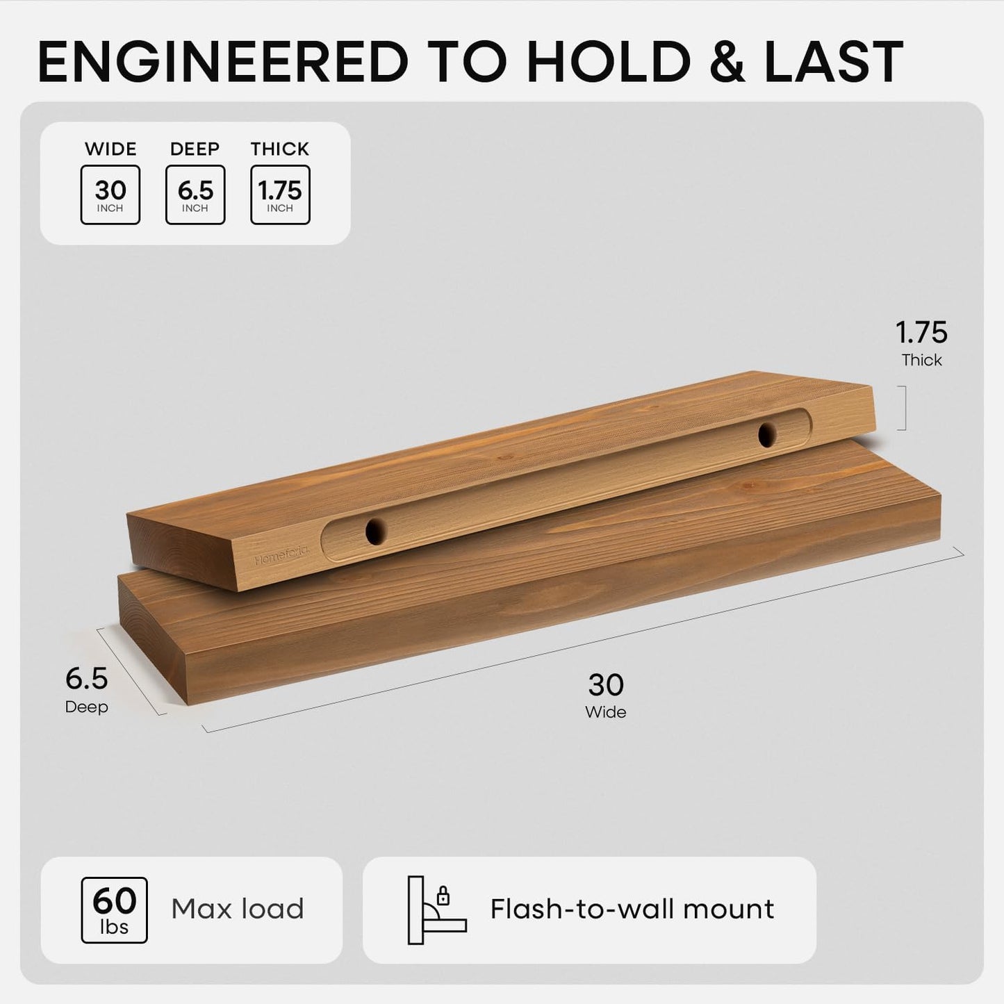 Homeforia 30 inch Golden Oak Floating Shelf, High End Solid Real Wood 30inch Small Floating Shelves for Wall Mounted, Oak Wooden 30in Floating Shelves, Heavy Duty Bracket, 30 X 6.5 X 1.75 in, Set of 2