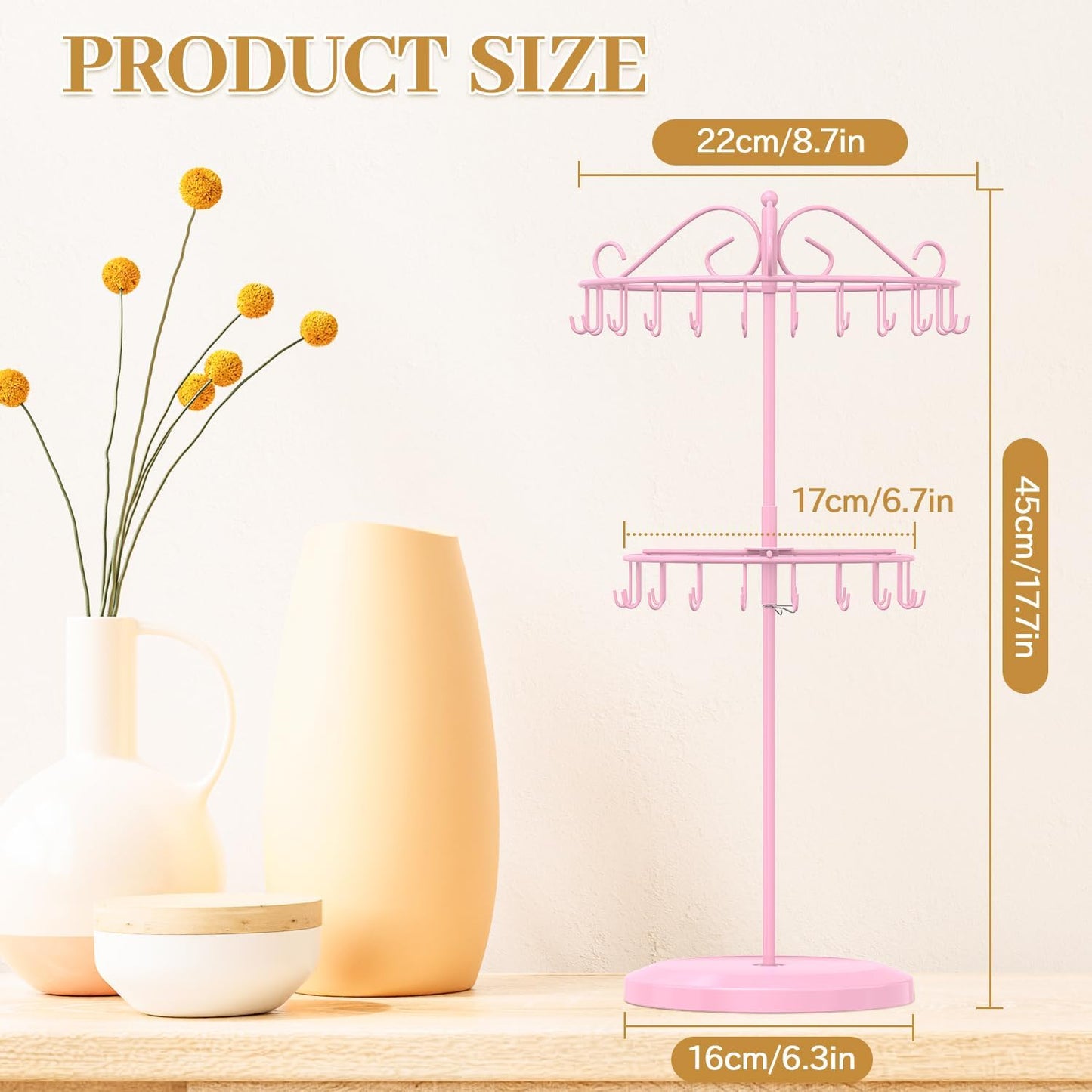 MODOWEY Rotating Necklace Holder Organizer Display Stand with 42 Hooks, 2 Tier Adjustable Metal Tree for Long Necklace Hanger Selling, Tall Spinning Bracelet Storage Rack for Men Women, Pink