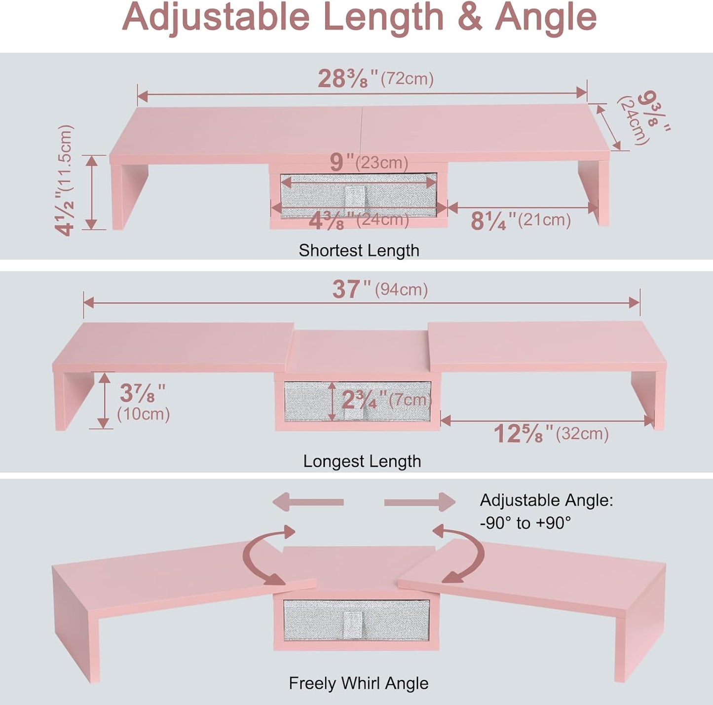 TEAMIX Pink Dual Monitor Stand Riser with Drawer - Length and Angle Adjustable Double Corner Desk Shelf Organizer 37 inch for 2 Laptop/PC/Screen/TV