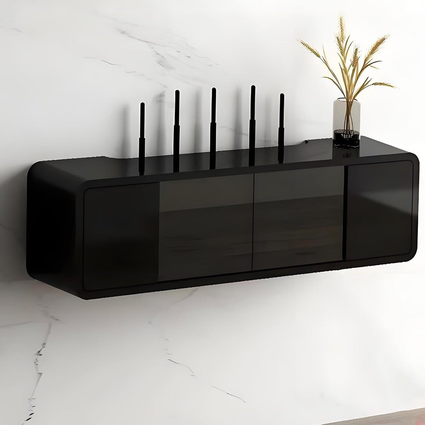 Wall Mounted WiFi Router Hidden Box Storage Cabinet, Router Shelf WiFi Box Hider with Glass Door, Great Heat Dissipation, for Bedroom Living Room, Office and Home(Black,60CM/23.6IN)