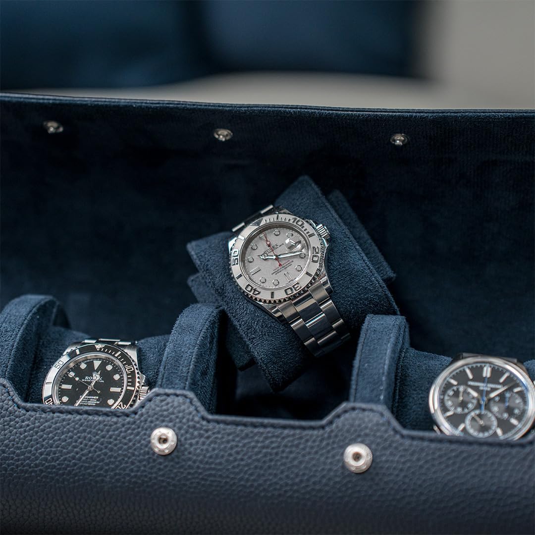 DailyWatch | Watch Roll Travel Case For 4 Watch | Luxury Watch Case In Genuine Leather With Soft Velvet Interior | Watch Case Protect, Store, & Display Your Watches | Navy Blue