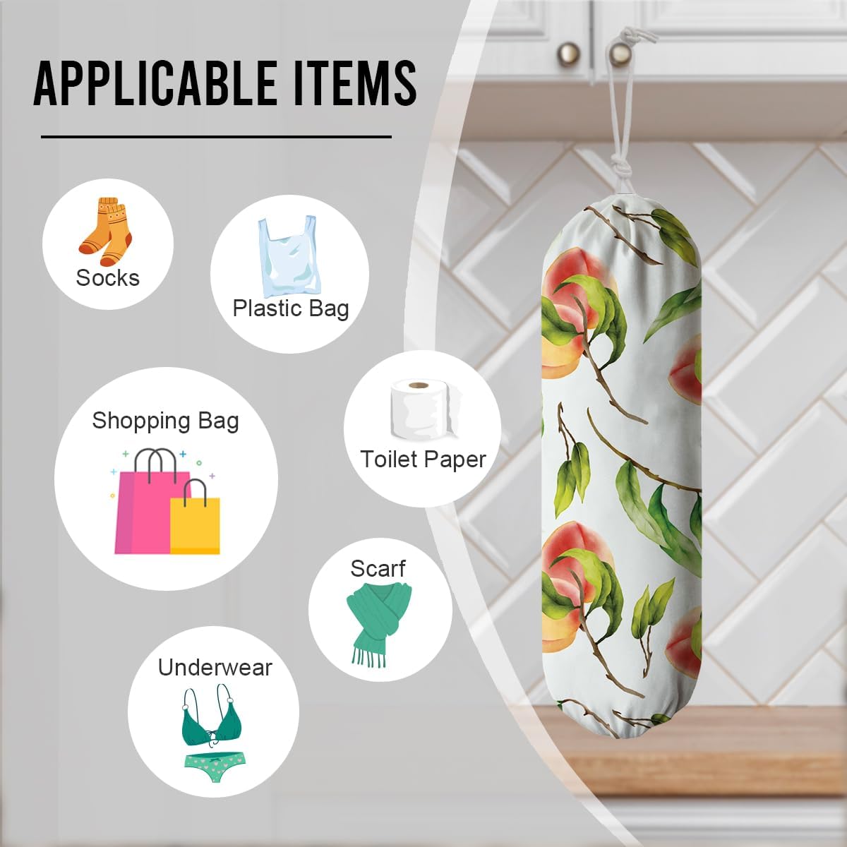 Peach Plastic Bag Holder, Canvas Grocery Bags Organizer for Home Kitchen Pantry, Plastic Bags Storage Container Dispensers, Home Kitchens Decor Gifts, Kitchen Pattern Garbage Bag 49