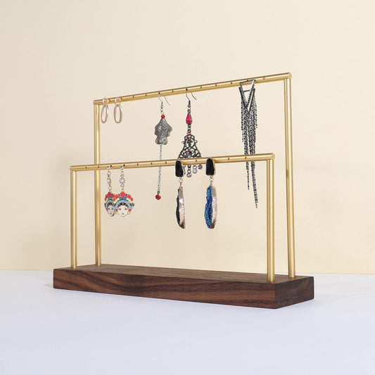 GemeShou wooden earring holder organizer for girls, walnut stud earring display stand for boutique store, jewelry storage organizer shelf【Walnut stand-Two Tiers】