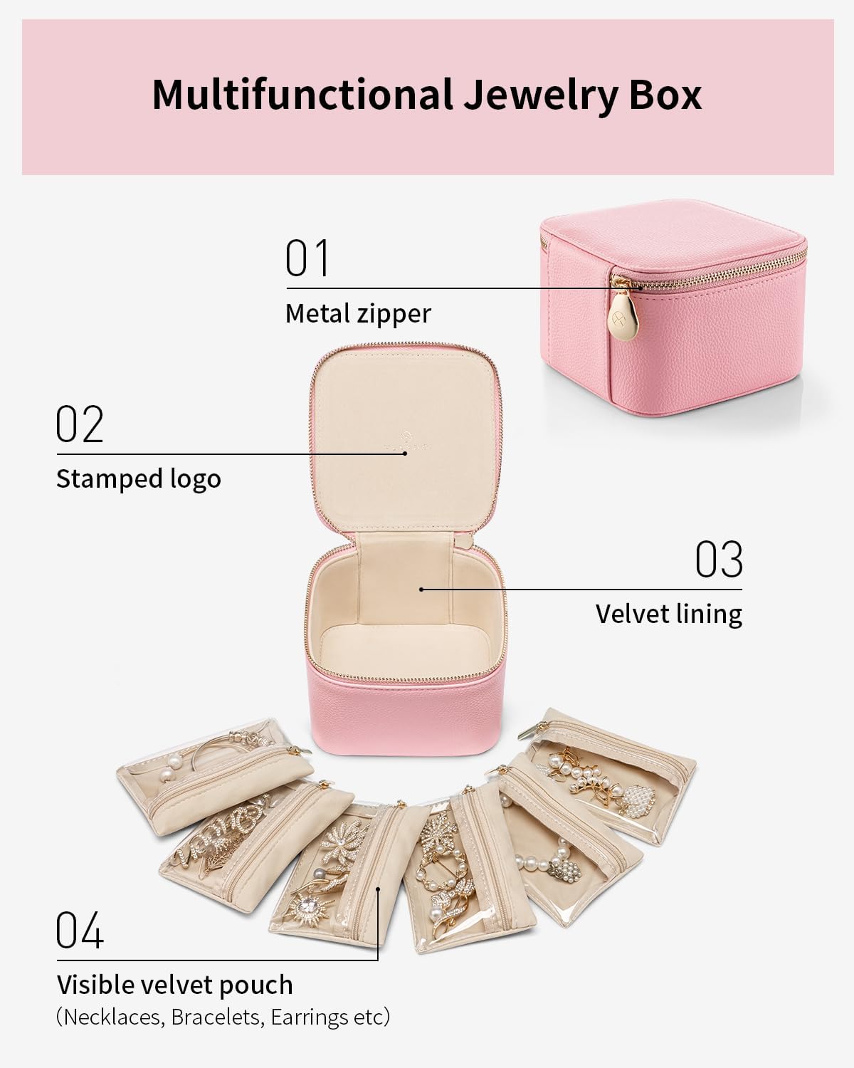 Vlando Travel Jewelry Box for Women,Faux Leather Jewelry Case with 6 Velvet Jewelry Zipper Pockets,Gift Ideas for Women Wife Earrings Necklace Rings Storage Boxes(Strawberry Pink)