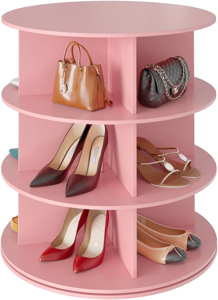 SpaceAid 3 Tier Rotating Shoe Rack Tower, Spinning Shoe Display Lazy Susan, Revolving 360 Shoe Rack Storage Round Carousel, Vertical Handbag Rotate Shoes Closet Organization (3-Tier Pink)