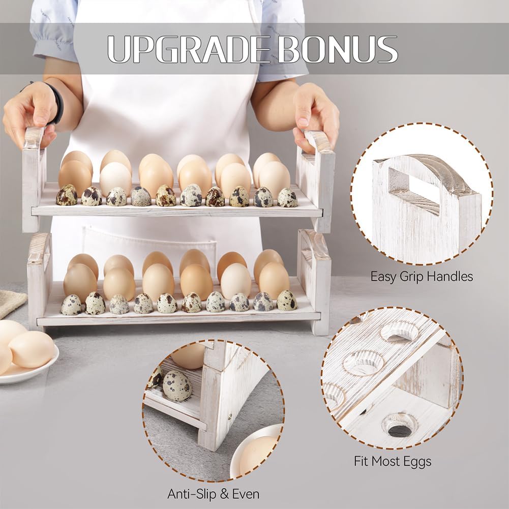 Wooden Egg Holder 3 Layer Fresh Egg Rack Holders Countertop Stackable Quail Egg Sorter Storage Trays Organizer Display Stand Kitchen Rack, Fits Duck, Turkey, Chicken Eggs,up to 36 Eggs, 3 Tier-White