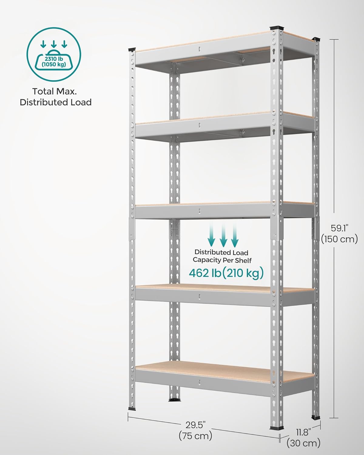 SONGMICS 5-Tier Storage Shelves, Load 2310 lb, Garage Storage, Boltless Assembly, Adjustable Shelving Unit, 11.8 x 29.5 x 59.1 Inches, for Study Shed Basement, Silver and Natural Beige UGLR300E01