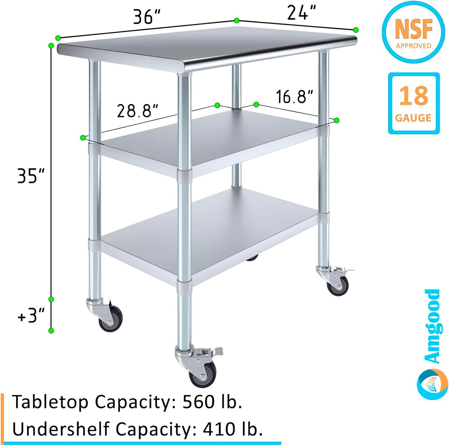 AmGood Stainless Steel Work Table with 2 Shelves and Casters | Metal Utility Table On Wheels (Stainless Steel Work Table with 2 Shelves + Casters, 36" Long x 24" Deep)