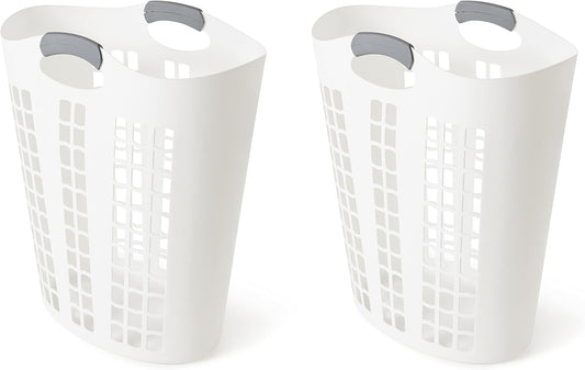 Gracious Living Easy Carry Flex Hamper, Large 87.5 Liter Lightweight Plastic Ventilated Laundry Basket Clothes Bin with Handles, White (2 Pack)