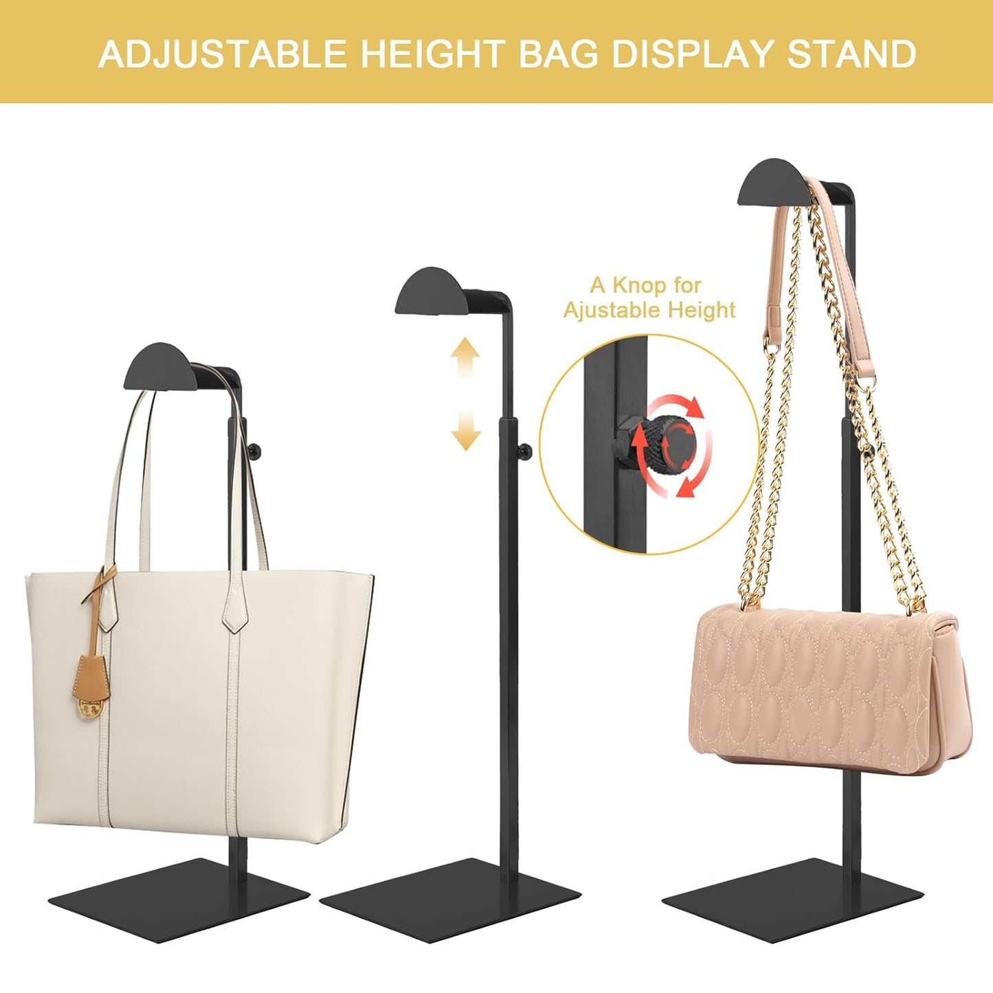 Purse Display Stand, 3 Pack Purse Stands for Display, Black Purse Display Heavy-Duty Steel Handbag Display Stand Adjustable Bag Display Stand Holder Purse Rack for Retail, Boutiques, Shop