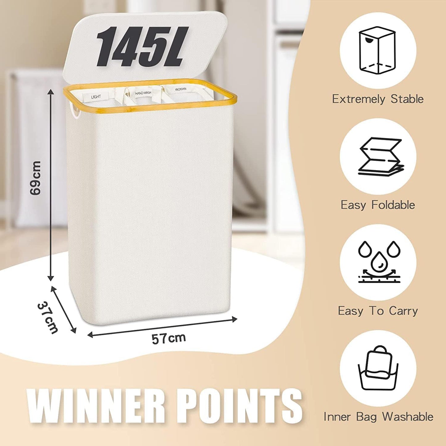 Extra Large 3 Section Dirty Clothes Laundry Basket with Lid, Dirty Clothes Hampers with Removable Bags for Bedroom and Laundry Room, Beige