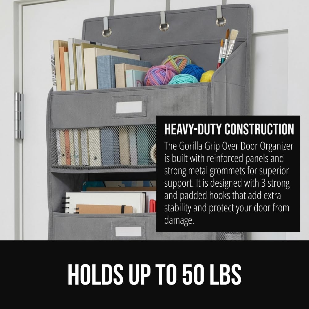 GORILLA GRIP Large Capacity Closet Organizer, 5 Deep Shelves, Holds 50lbs, Over the Door Organizers 6 Mesh Pockets, Shelf Storage for Clothes Crafts Dorm Essentials, 3 Metal Hooks, 58x15 Inches, Gray