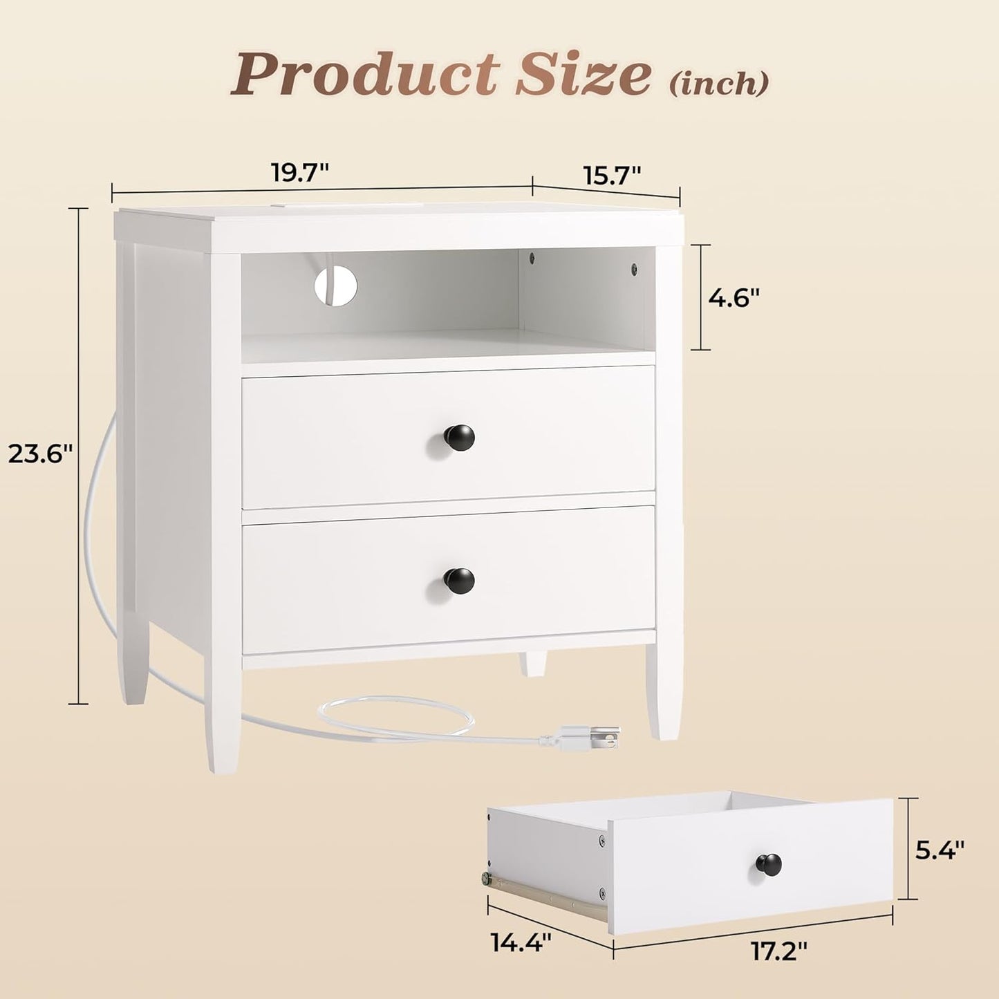 Huuger Nightstand with Charging Station, White Nightstand with 2 Drawers, Bed Side Table for Bedroom, Bedside Table with Storage, Modern Nightstands, Metal Knobs, Painted Surface