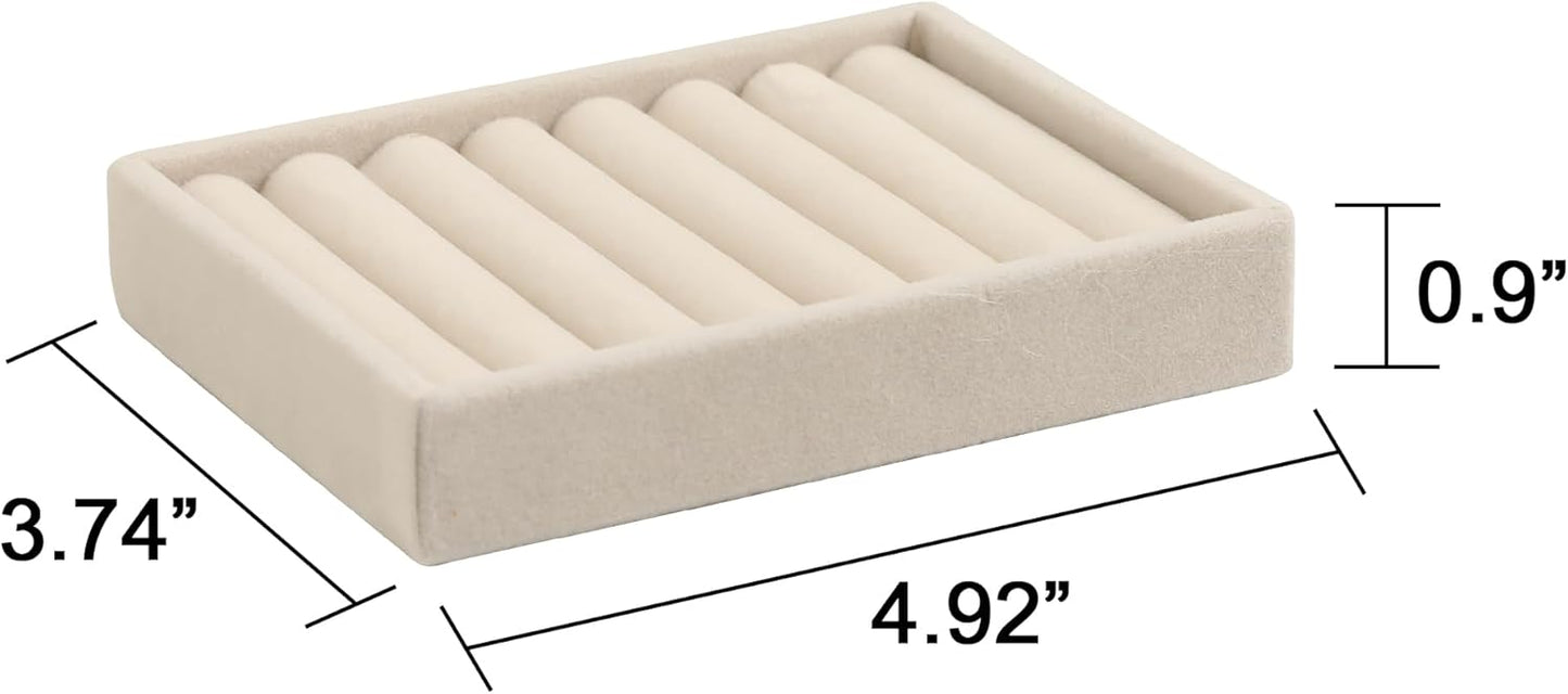 Frebeauty Small Jewelry Tray Set,Velvet Ring Organizer,Stackable Jewelry Organizer Tray,Mini Jewelry Drawer Organizer,4.92 x 3.74 x 0.9 Inches,7 Slots Ring Tray for Women(Set 2,Beige)