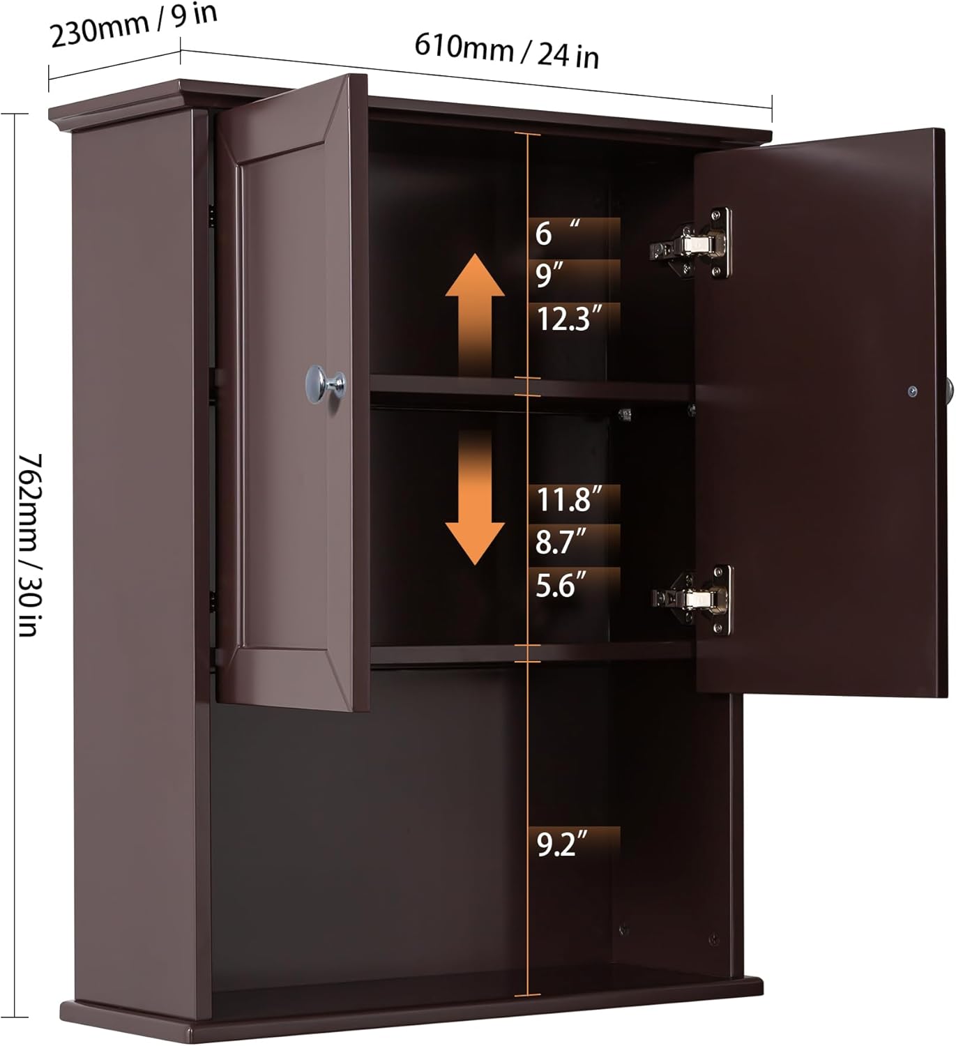 Bathroom Wall Cabinet Expresso Over Toilet Storage - 24x30 in Above Toilet Wood Medicine Cabinet with Adjustable Shelf & 2 Door Mounted Wall Cabinet