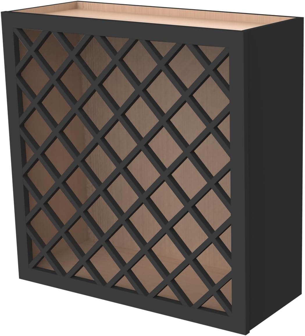 Solid Wood RTA Wine Bottle Rack Wall Cabinet with Lattice Panels - Bottle Holder Storage for Bar, Pantry, or Wine Cellar - Mocha finish Countertop Solution (Charcoal Black, 24'W 12'D 30'H)