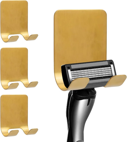4-Pack Self-Adhesive Waterproof Hooks - Heavy-Duty Metal Razor Holder for Shower, Bathroom or Kitchen Organization,Stylish Gold Towel & Loofah Wall Hangers