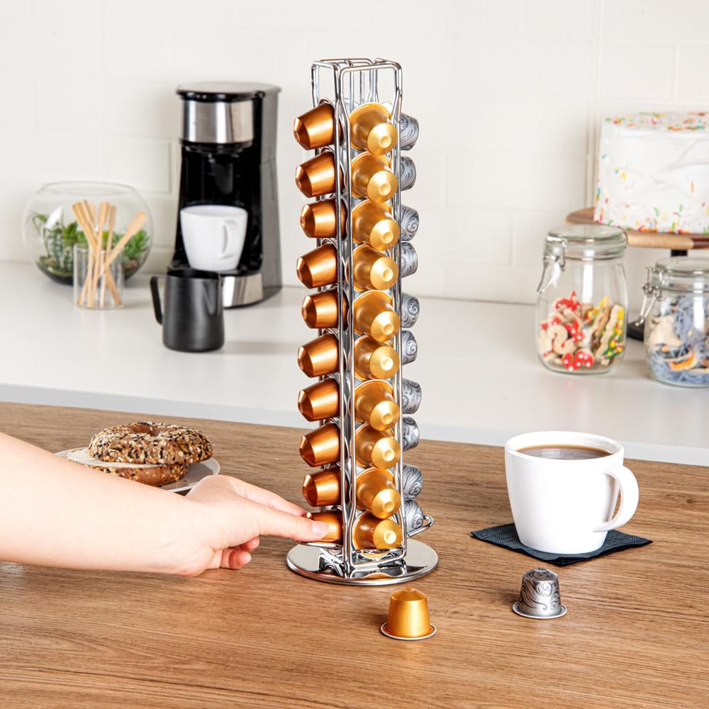 Restaurantware Restpresso 4.5 x 14.6 Inch Coffee Capsule Holder 1 Durable Pod Carousel - Holds 40 Nespresso Capsules 360-Degree Rotatable Iron Espresso Pod Organizer Pods Not Included
