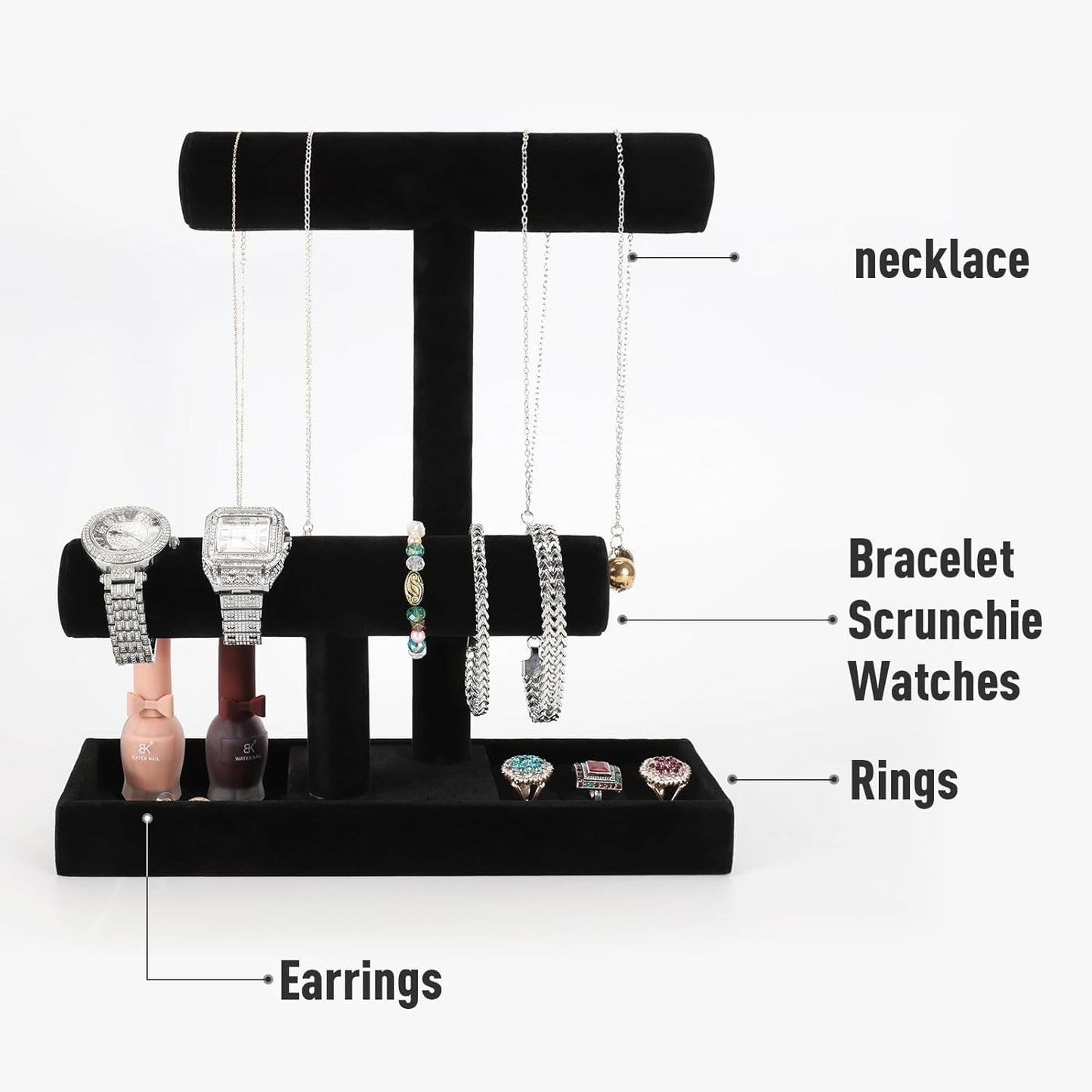 ByKen Necklace Holder,Bracelet Holder,Jewelry Organizer Stand with Earrings Rings Tray,Jewelry Holder for Scrunchie Watches (Black Velvet)