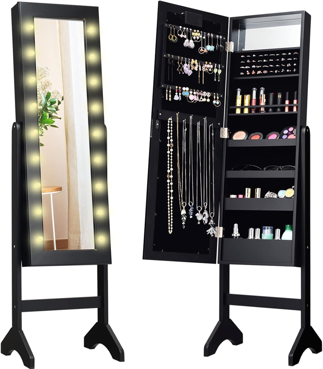 Giantex Standing Jewelry Armoire with 18 LED Lights Around the Door, Large Storage Mirrored Jewelry Cabinet with Full Length Mirror, 16 Lipstick Holders, 1 Inside Makeup Mirror (Black)