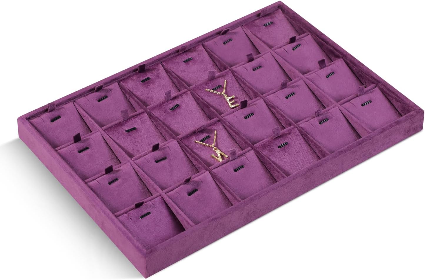 Velvet Necklace Display Tray, Stackable 24 Grid Insert Pendant Necklaces Storage Holder Plate, Jewelry Retail Countertop Organizer (Purple)