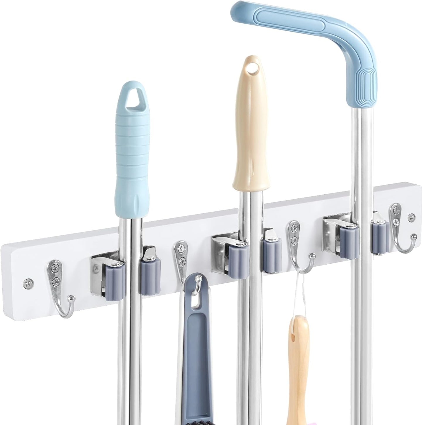 White Broom Holder Wall Mount - Heavy Duty Wood Mop and Broom Organizer with 3 Slots & 4 Hooks - Garden Tool Hanger for Laundry Room Closet Kitchen Garage Storage and Organization - Modern Home Decor