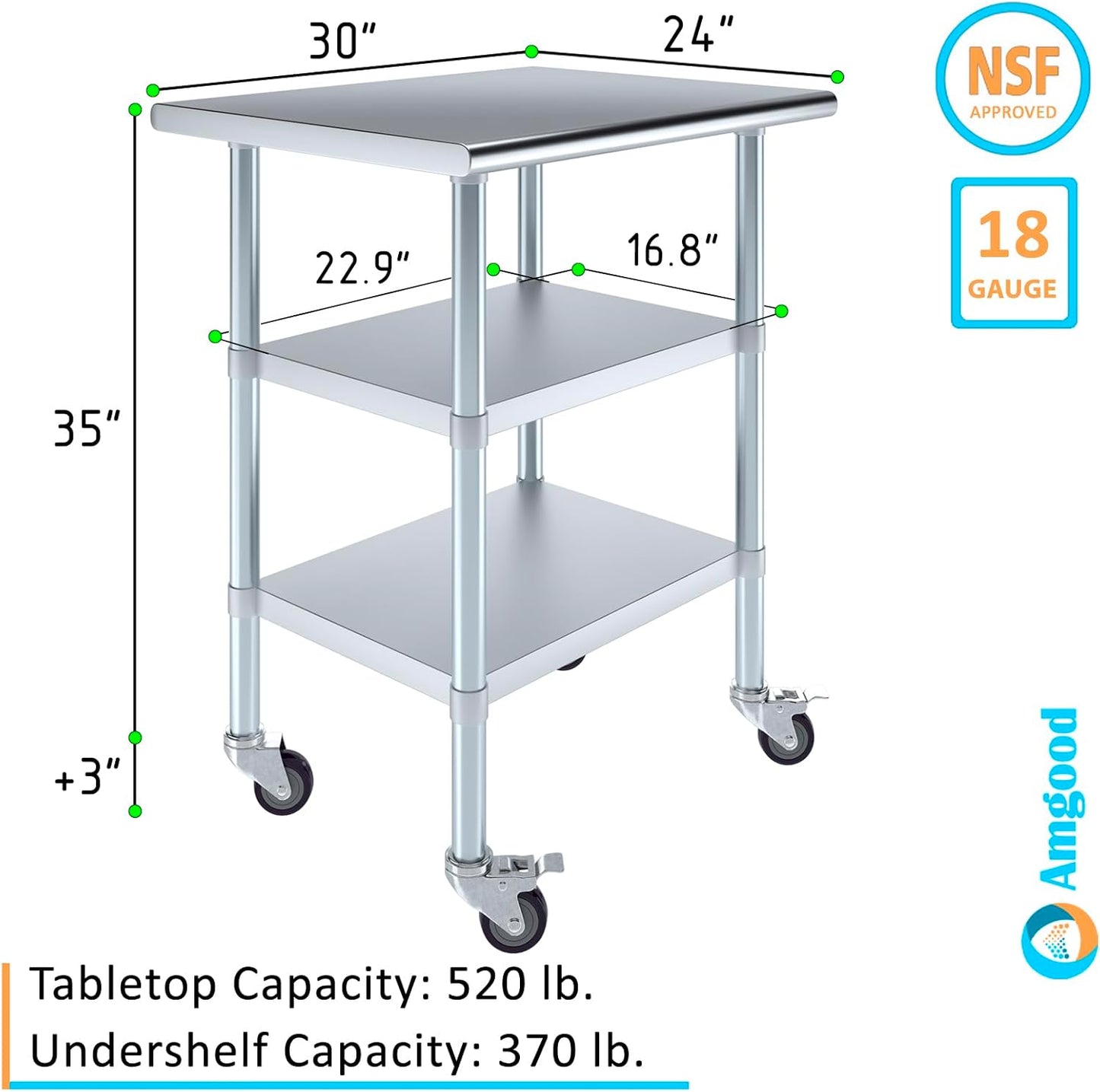 AmGood Stainless Steel Work Table with 2 Shelves and Casters | Metal Utility Table On Wheels (Stainless Steel Work Table with 2 Shelves + Casters, 30" Long x 24" Deep)