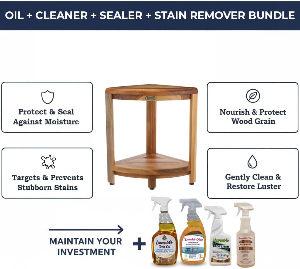EcoDecors SnazzyCorner 18" Teak Wood Corner Shower Shelf, Fully Assembled | Loveable Four Pack Bundle