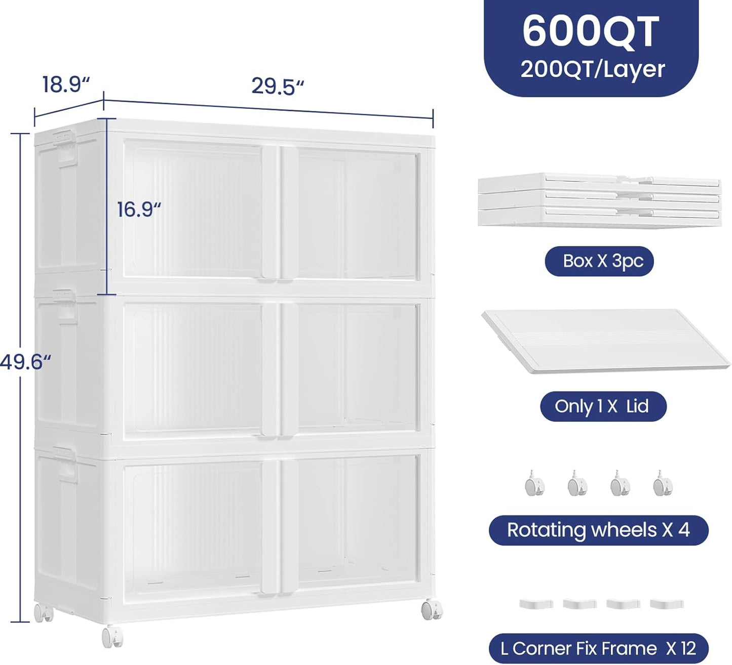 600Qt Stackable Storage Bins with Lid and Wheels, 150Gal Plastic Closet Organizer and Storage Drawer, Large Collapsible Storage Box Cabinet with Clear Door for Home Kitchen Office, 3Pack White