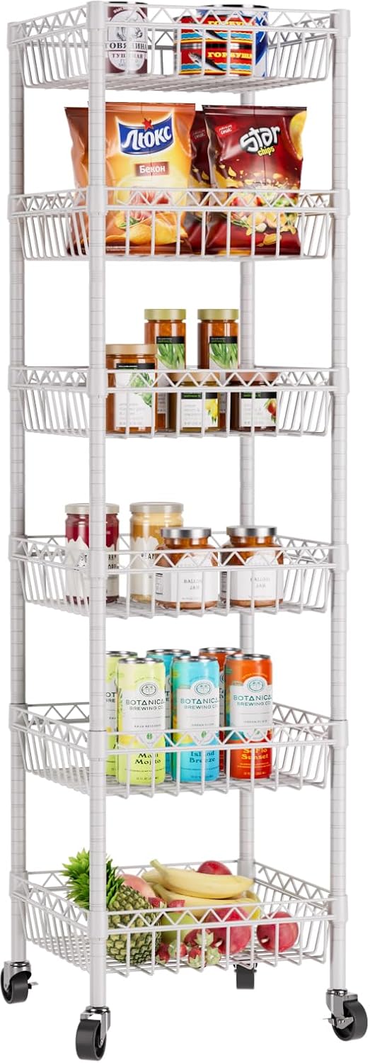 6 Shelves Storage Shelf Wire Closet Bathroom Organizers Metal Pantry Kitchen Garage Shelving Unit Laundry Room Organization Home Rack Net Basket White with Wheels 14" Dx14 Wx64.8 H