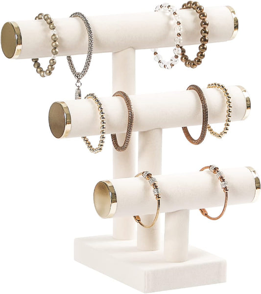 3 Tier Bracelet Holder,Bracelet Display Stand with Metal Cap,Beige White Velvet Jewelry Organizer Displays for Necklace Scrunchies Watches Hair Ties.