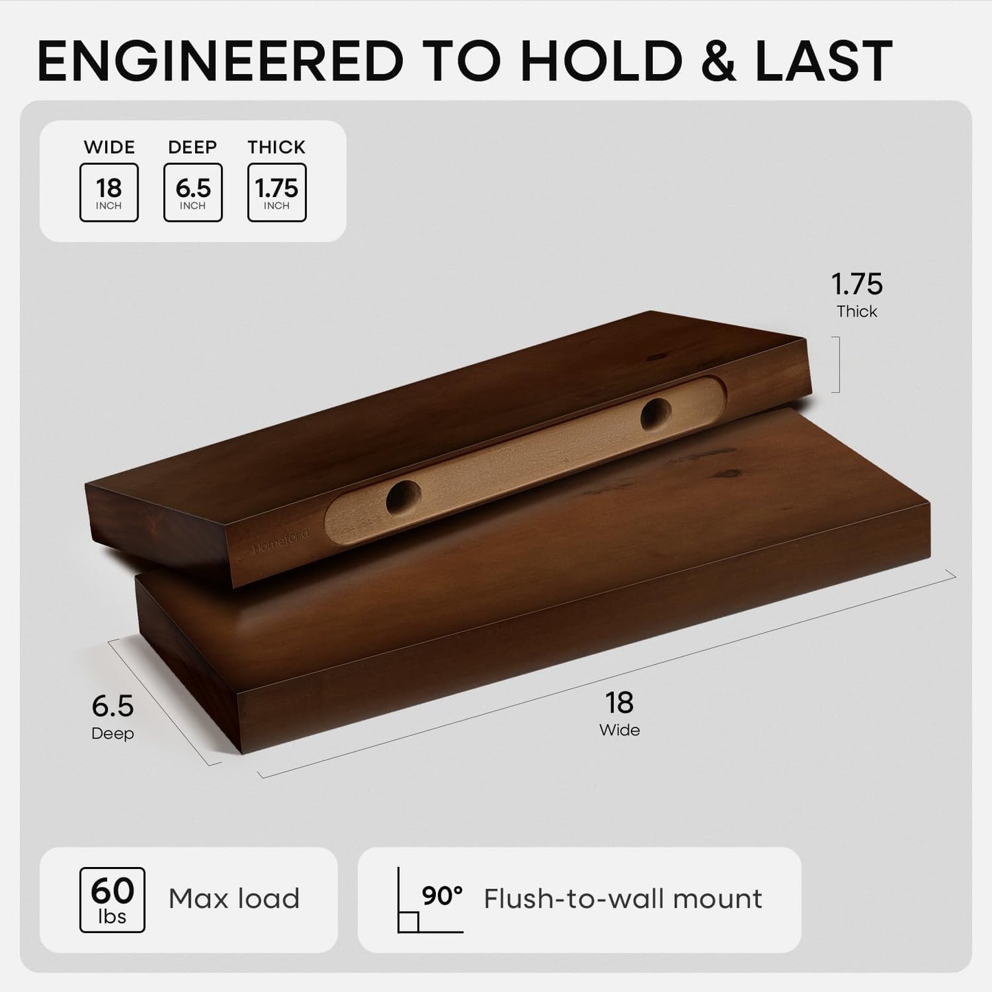 Homeforia Walnut 18 inch Floating Shelf, High End Solid Real Wood 18inch Floating Shelves for Wall Mounted, Dark Brown 18 inches Long Floating Shelves, Heavy Duty Bracket, 18 X 6.5 X 1.75 in, Set of 2