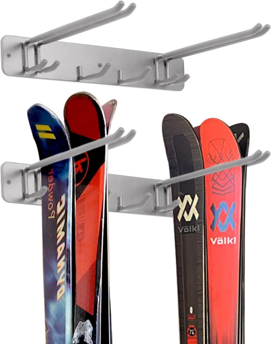 Wall Mount Ski Storage Rack,Garage Snowboard Storage Organizer 8 Pairs Metal Hooks Indoor Outdoor System Organization (Grey 1Pack)