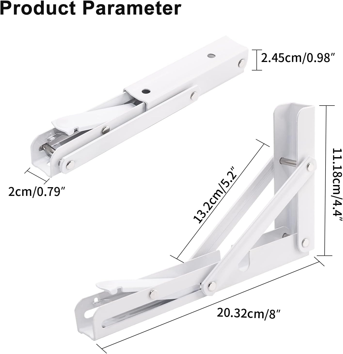 YUMORE Folding Shelf Brackets, 8 Inch Heavy Duty Collapsible Shelf Bracket, DIY L Bracket for Workbench Folding Table Hinge, Max Load: 300lb, White, 2 Pack