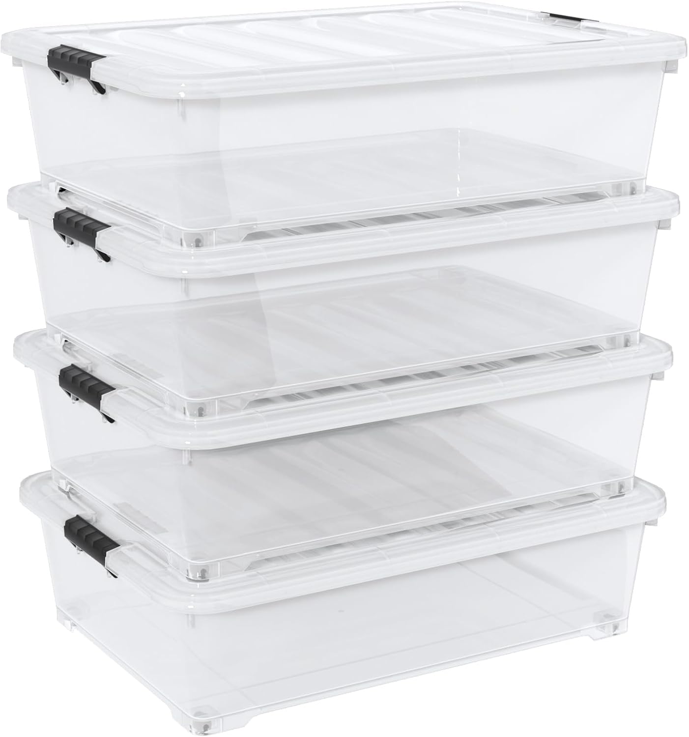 50 Quart Rolling Under Bed Storage Containers, 4-Pack 7.5 Inches Tall Low Profile Underbed Clothes Storage Organizer Bin with Sturdy Wheels, Clear