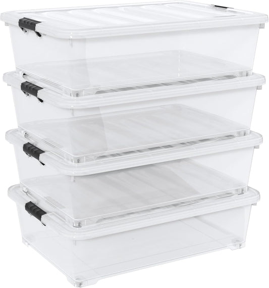 50 Quart Rolling Under Bed Storage Containers, 4-Pack 7.5 Inches Tall Low Profile Underbed Clothes Storage Organizer Bin with Sturdy Wheels, Clear