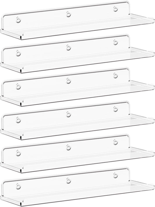 Lifewit Floating Shelves for Wall, 6 Pack 15" Clear Acrylic Shelf Room Decor for Book/Figures/Photo/Makeup in Bathroom, Book Shelf, Living Room, Bedroom, Kitchen Storage and Organization