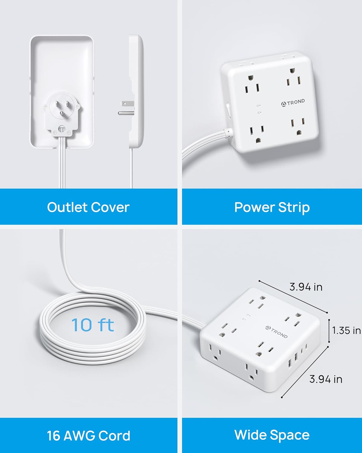 TROND Flat Power Strip with Outlet Cover - 10FT Long Extension Cord with 8 AC Outlets, Flat Wall Plug with 2 USB A & 2 USB C Ports, 1700J Surge Protector, Compact for Home Office Dorm Room Essentials