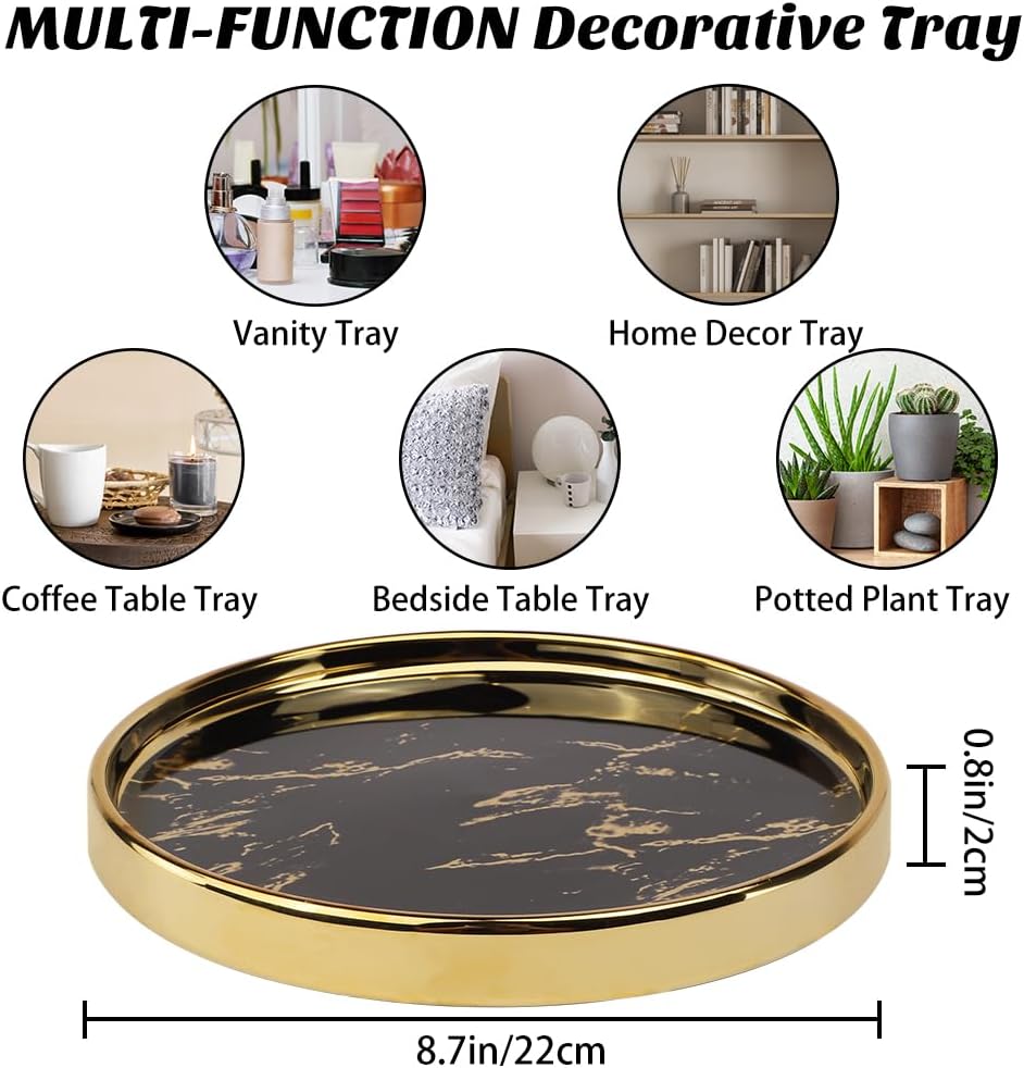 Small Round Black Decorative Tray – Marble Look Jewelry Dish, Perfume Organizer, Makeup Vanity Tray for Dresser, Counter, or Bedroom