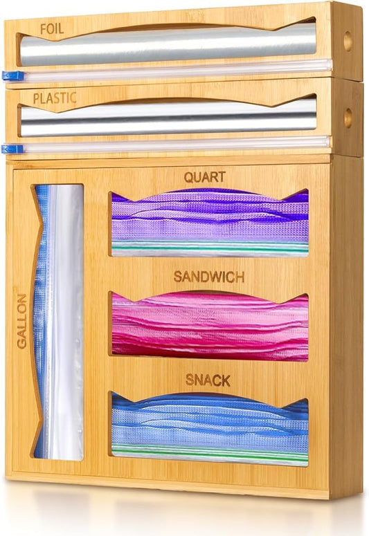 6-in-1 Magnetic Bamboo Drawer Organizer for Food Bags and Wraps Adjustable Compartment Storage with Dispenser and Cutter Fits Gallon Quart Sandwich and Snack Sizes
