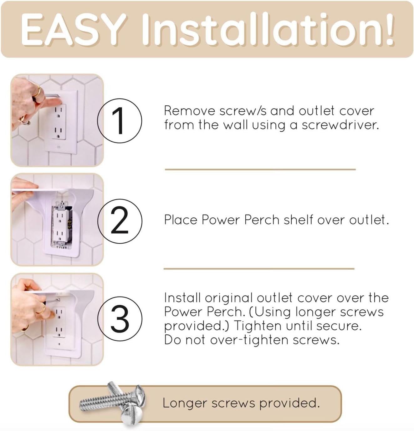 Power Perch Horizontal Wall Outlet Shelf with Cord Storage Strap - Declutter & Reclaim Bathroom Counter Space - Alexa Stand, Apple Homepod Shelf, Toothbrush Holders Wall Mounted - White, 2-Pack