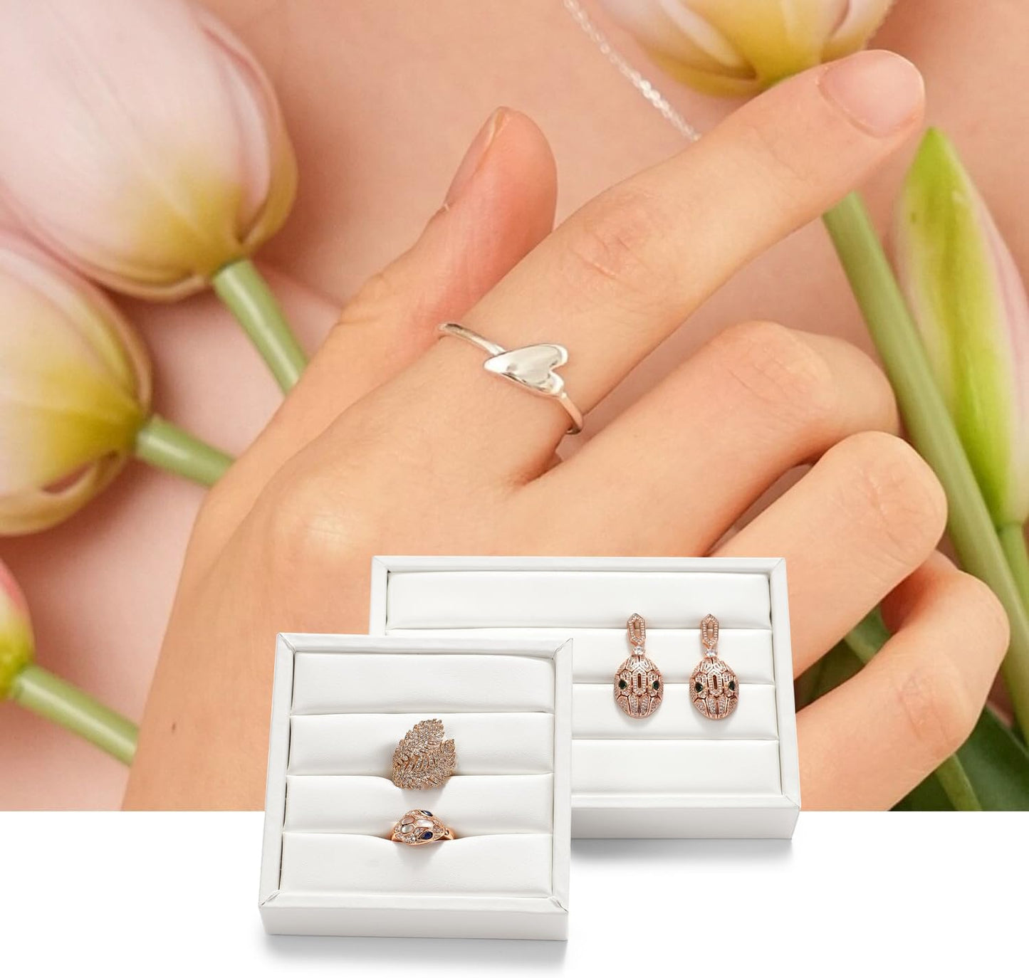White PU Leather 3-Slots Jewelry Ring Display Tray Showcase Small Jewelry Display Organizer Tray for Rings(M)